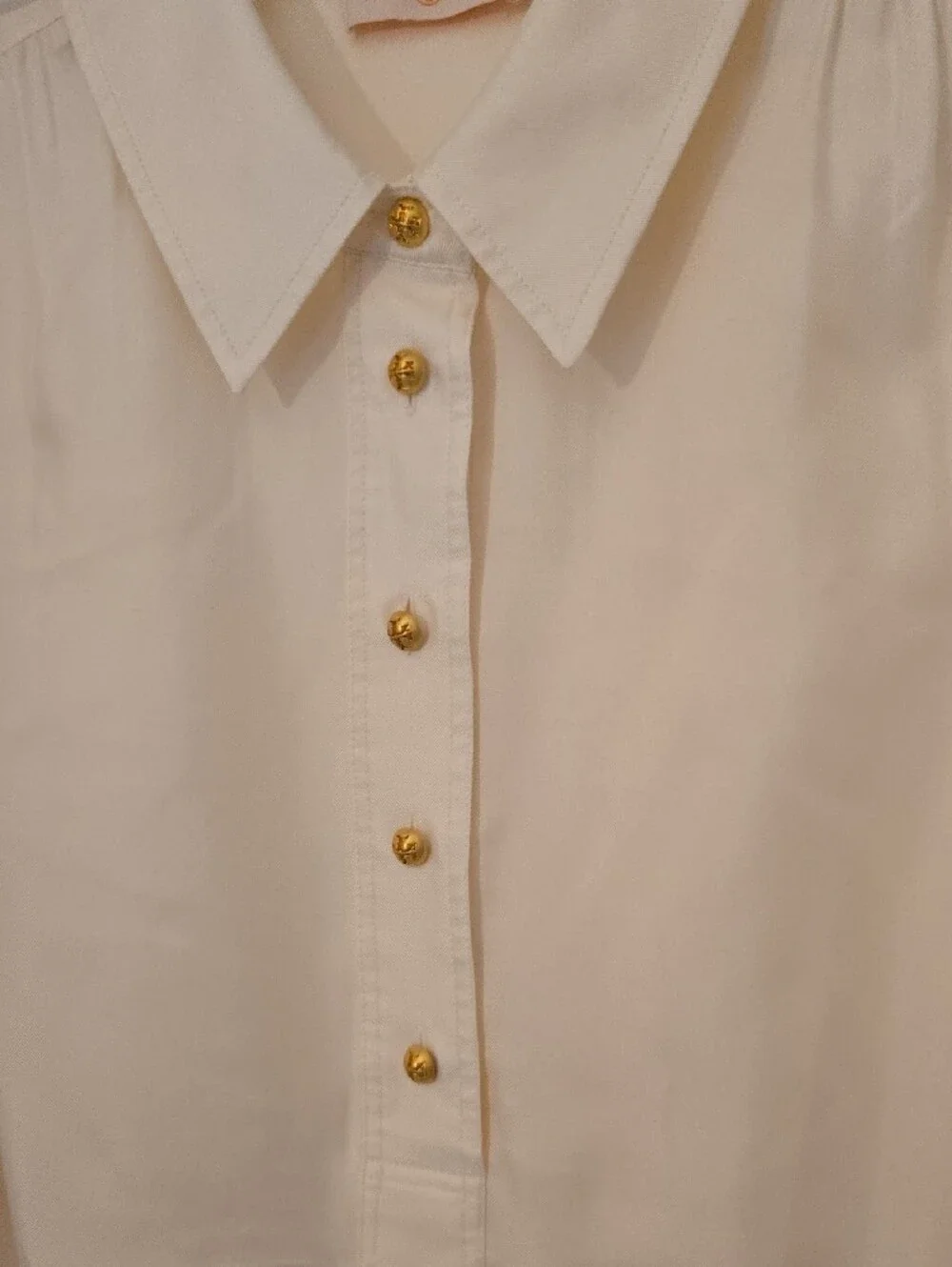 Tory Burch Ivory Silk Long-Sleeve Button Placket Shirt with Gold Buttons
